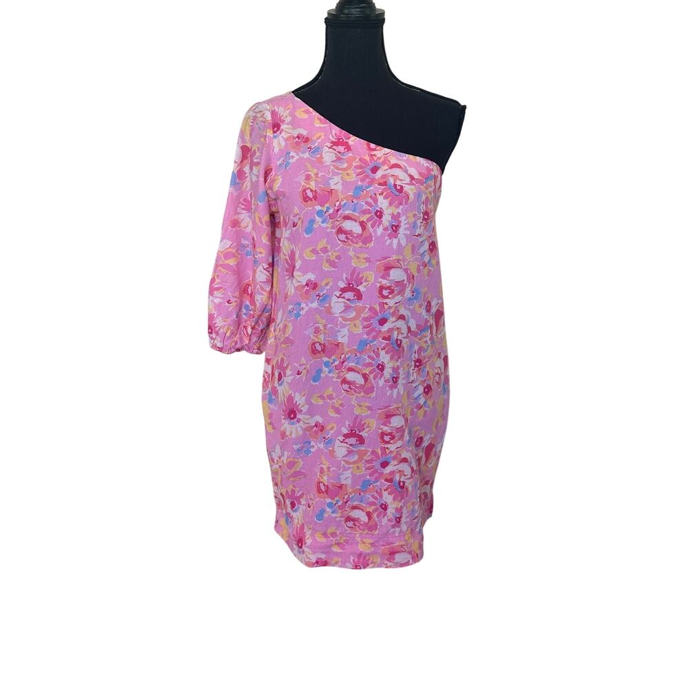 Something Navy Pink Floral Mini Dress MEDIUM One Shoulder Linen Shift Party $165 - Picture 7 of 11